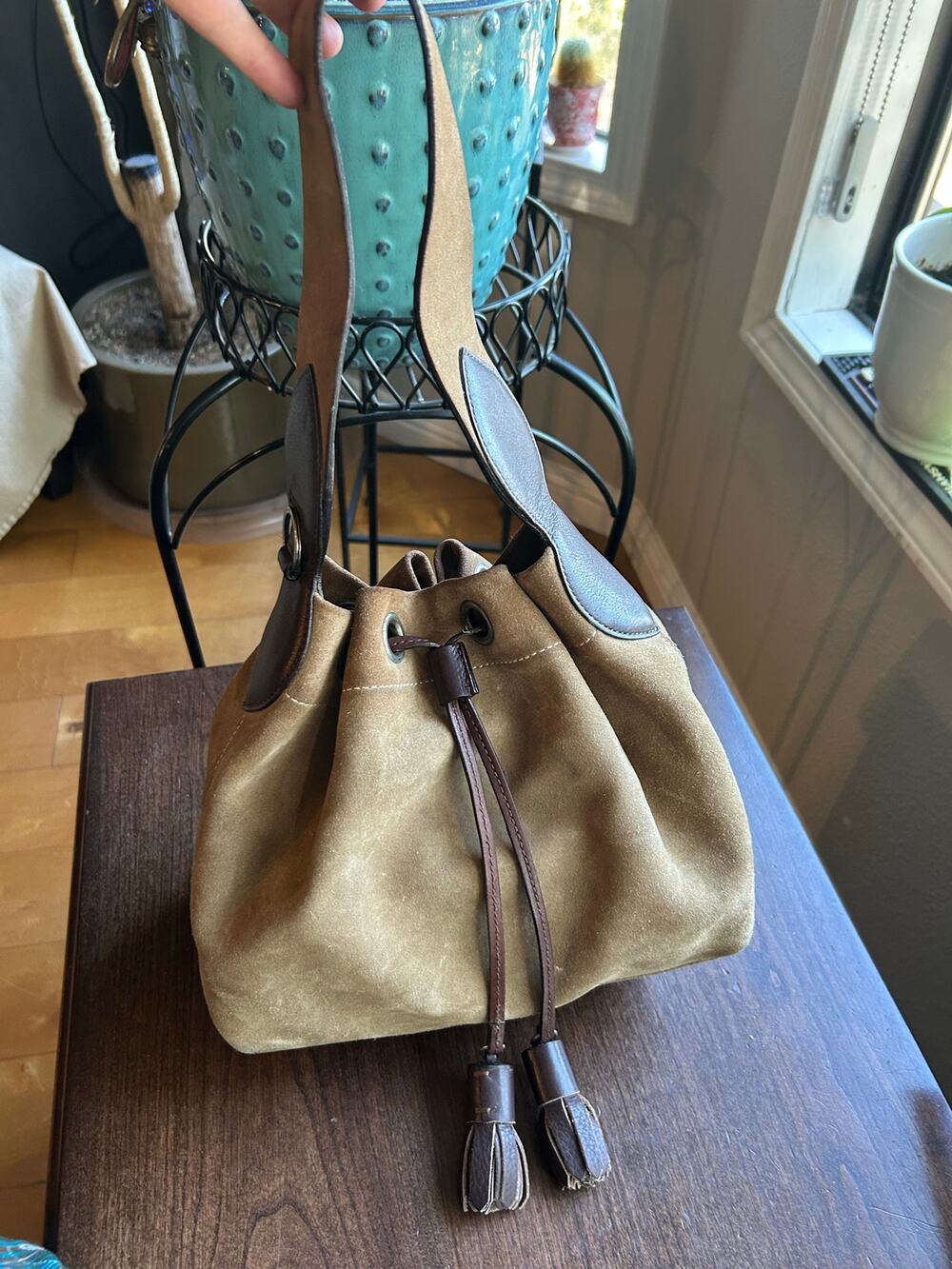 Moschino Italian leather bucket bag brown draw string hobo